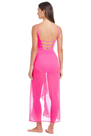 Long pink ruffle caftan coverup from Bleu Rod's Hole In One Collection, featuring flowing fabric and elegant design.