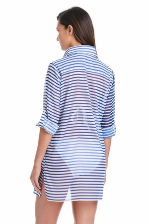 Blue Bleu Rod Smooth Operator button-down shirt cover-up with a relaxed fit, perfect for beach or poolside wear.