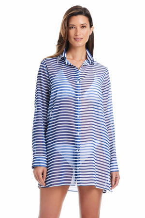 Blue chiffon shirt cover-up from Bleu Rod's Smooth Operator collection, featuring a button-down design and lightweight fabric.