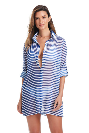 Bleu Rod Smooth Operator button-down shirt cover-up in lightweight chiffon fabric, versatile beach or poolside cover-up.