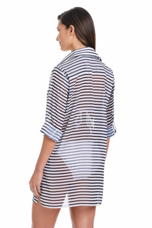 Bleu Rod Smooth Operator chiffon shirt cover-up with button-down style, lightweight and stylish for beach or casual wear.