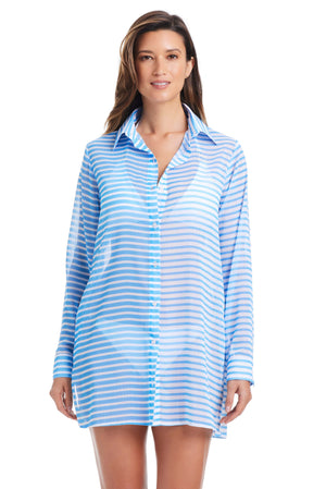 Blue Bleu Rod Smooth Operator button-down shirt cover-up made of chiffon, featuring a relaxed fit and elegant design.