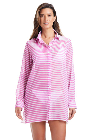 Bleu Rod Smooth Operator chiffon shirt cover-up with button-down design, lightweight and stylish for beach or casual wear.
