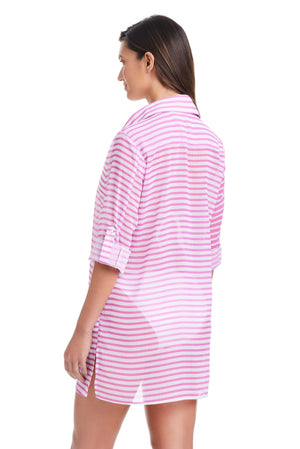 Bleu Rod Smooth Operator button-down shirt cover-up in lightweight chiffon, perfect as a stylish beach or poolside cover-up.