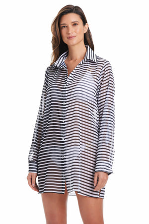 Bleu Rod Smooth Operator button-down shirt cover-up in lightweight chiffon, perfect for beach or poolside wear.