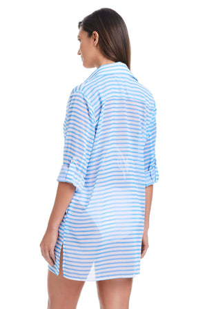 Blue Bleu Rod Smooth Operator button-down shirt cover-up in lightweight chiffon fabric, perfect for beach or casual wear.