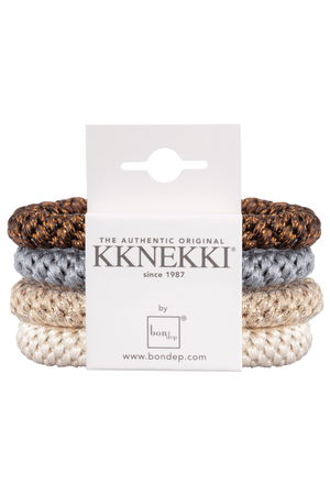 Set of four KKNEKKI premium hair ties in white, beige, grey, and brown, shown bundled together on a plain background.