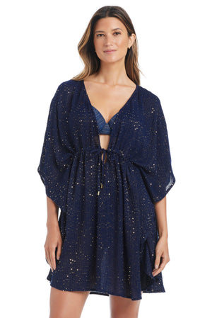 Blue Bleu Rod Golden Hour Caftan Cover Up featuring a flowing fabric design and intricate patterns, perfect for beach or poolside wear.
