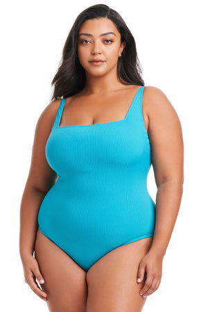 Plus Size Walk The Line Square Neck One Piece Swimsuit - Bleu Rod Beattie