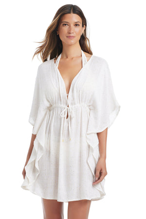 White Golden Hour Caftan Cover up by Bleu Rod, lightweight bohemian-style fabric with intricate patterns and flowing silhouette.