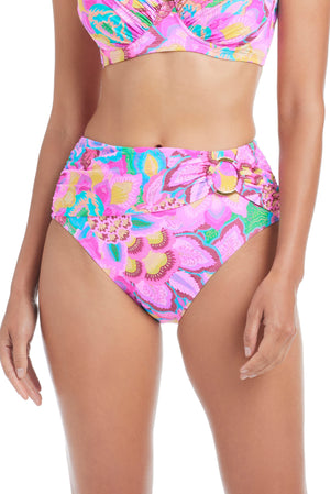 Blue and white Dream Weaver high waist bikini bottom by Bleu Rod, featuring a stylish Dream Weaver print design.