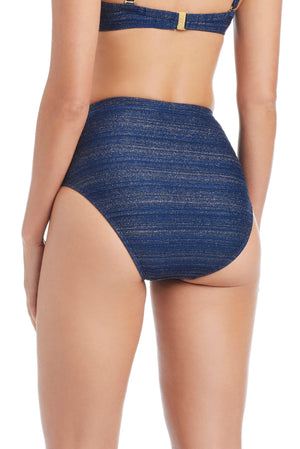 Golden Hour high waist bikini bottom by Bleu Rod, showcasing a stylish high-rise fit and vibrant golden hue for beach or pool.