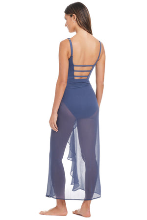 Long ruffle caftan cover-up from Bleu Rod's Hole In One Collection, featuring flowing fabric and stylish design for beachwear.