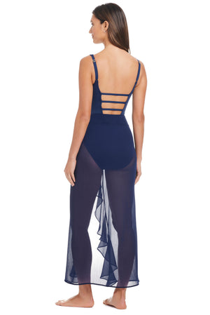 Long Bleu Rod gypset caftan coverup with ruffle details from The Hole In One Collection, perfect for beach or poolside wear.