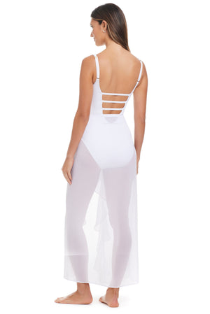 Long ruffle caftan coverup by Bleu Rod from the Hole In One Collection, featuring flowing fabric and elegant design.