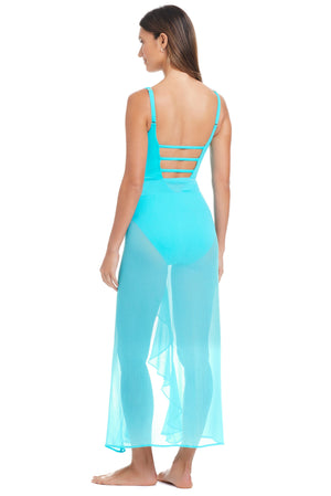 Blue Bleu Rod long ruffle caftan coverup from The Hole In One Collection, featuring flowing fabric and elegant ruffle details.