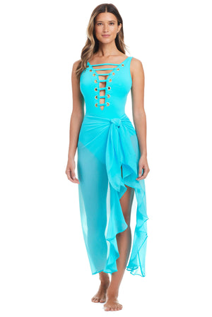 Blue Bleu Rod long ruffle caftan cover-up from The Hole In One Collection, featuring flowing fabric and elegant ruffle details.