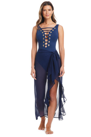 Blue Bleu Rod long ruffle coverup caftan from The Hole In One Collection, midnight color, flowing design with ruffle details.