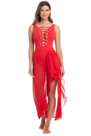 Red long ruffle caftan coverup by Bleu Rod from The Hole In One Collection, featuring flowing fabric and elegant ruffle details.