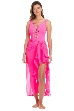 Pink long ruffle caftan coverup by Bleu Rod from The Hole In One Collection, featuring flowing fabric and elegant design.