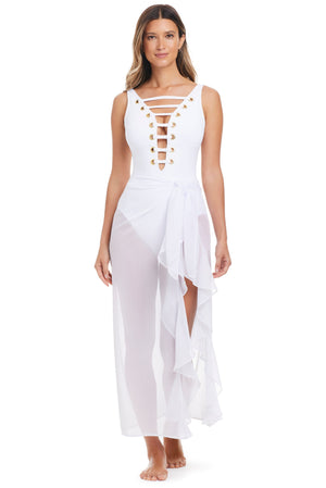 White long ruffle caftan coverup by Bleu Rod from The Hole In One Collection, featuring flowing fabric and stylish design.