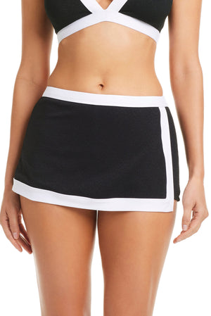 Black boy short bikini bottom by Bleu Rod's I'm With The Band collection, featuring a skirted design and comfortable fit.