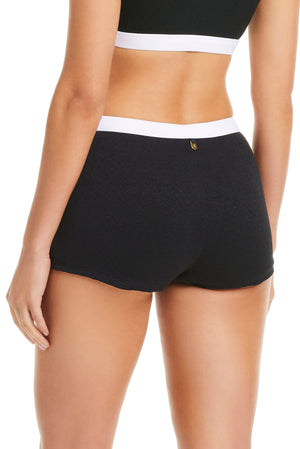 Bleu Rod I'm With The Band skirted boy short bikini bottom in black, featuring a sporty fit and comfortable design for beachwear.