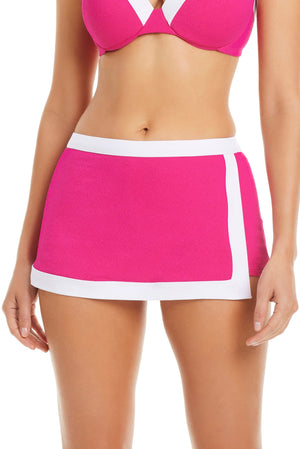 Pink punch skirted boy short bikini bottom by Bleu Rod I’m With The Band, featuring a comfortable, stylish fit with a playful design.
