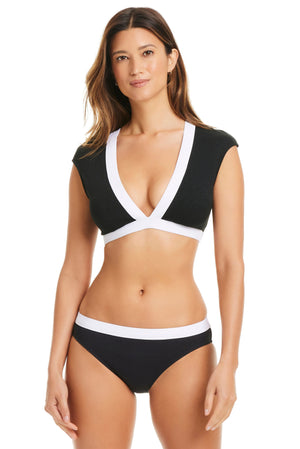 Black Bleu Rod I'm With The Band cap sleeve crop top bikini top, featuring a stylish and comfortable design for swimwear.