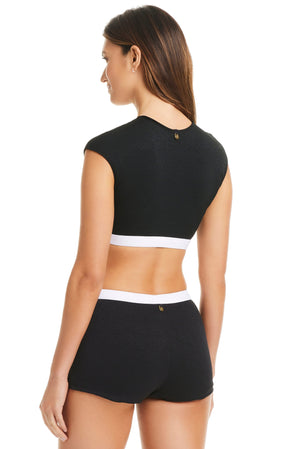 NEW! I'm With The Band Cap Sleeve Crop Top Bikini Top - Bleu Rod Beattie