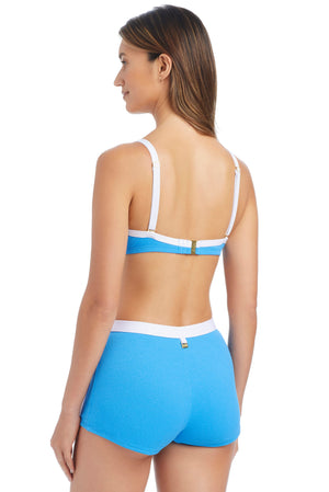 Bleu Rod I'm With The Band D-DD cup bikini top with underwire, over-the-shoulder design, in vibrant swimwear fabric.