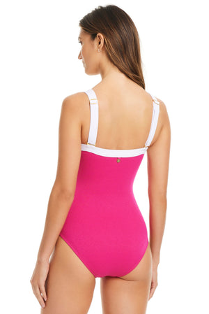 Blue Bleu Rod I’m With The Band square neck tank one-piece swimsuit displayed on a model with a solid background.