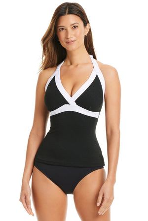 Black Bleu Rod I'm With The Band halter tankini top, stylish swimwear with a supportive halter neckline and vibrant print details.