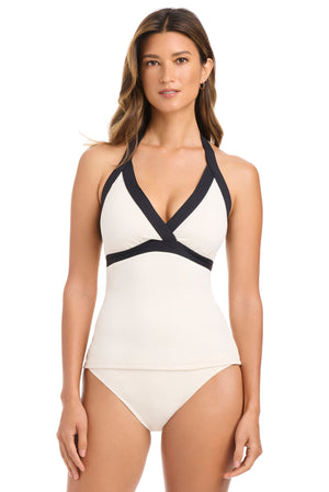 Blue Bleu Rod I'm With The Band halter tankini top with colorful band design, perfect for beach or poolside wear.