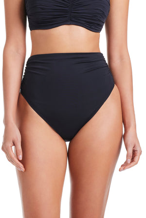 Black Kore Shirred High Waist Bikini Bottom by Bleu Rod from The Kore Collection, featuring a comfortable high waist design and shirred detailing.