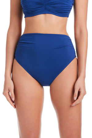 Navy Bleu Rod Kore Shirred High Waist Bikini Bottom with ruched design from The Kore Collection.