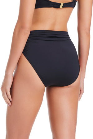 Bleu Rod Kore Shirred High Waist Bikini Bottom featuring a high waist design and gathered fabric for a stylish beach look.