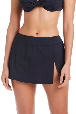 Black high-waisted skirted bikini bottom from Bleu Rod's Kore Collection featuring a long, flowy skirt and fitted bikini bottom.
