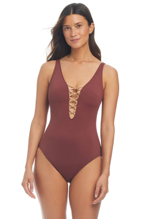 The New Let's Get Knotty Lace Down One-Piece Swimsuit - Bleu Rod Beattie