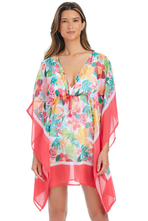 Blue Love Blooms Caftan cover-up by Bleu Rod, flowing lightweight fabric with floral pattern, perfect for beach or poolside wear.
