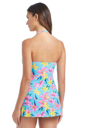 Blue and white Lush Life Bandeau Tankini swim top by Bleu Rod, with a sleek strapless design and vibrant print.