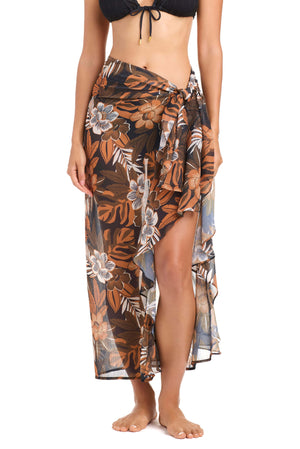 Black Moody Blooms sarong coverup by Bleu Rod, lightweight fabric, stylish beachwear, draped fabric with floral pattern.