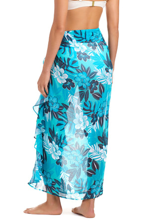 Blue and white Moody Blooms sarong coverup by Bleu Rod, featuring a lightweight, flowy fabric perfect for beachwear.