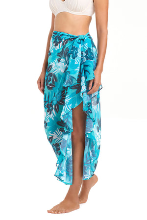 Bleu Rod Moody Blooms sarong coverup with waterfall design, lightweight fabric, perfect for beach or poolside fashion.