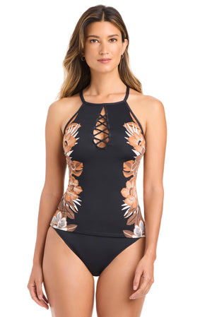 Moody Blooms High Neck Tankini Swim Top
