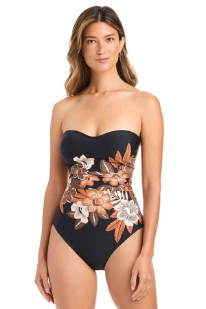 Black Moody Blooms Shirred Mio one-piece swimsuit by Bleu Rod featuring a fitted design and shirred detailing.