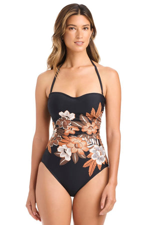 Blue Bleu Rod Moody Blooms shirred Mio one-piece swimsuit with floral pattern, featuring a fitted design and adjustable straps.