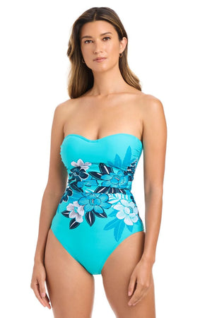 Bleu Rod Moody Blooms shirred Mio one-piece swimsuit with waterfall design, featuring a fitted, stylish swimwear silhouette.
