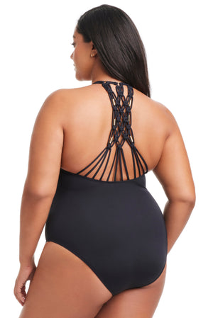 Plus Size La Cote D'Azur Macramé One Piece Swimsuit - Bleu Rod Beattie