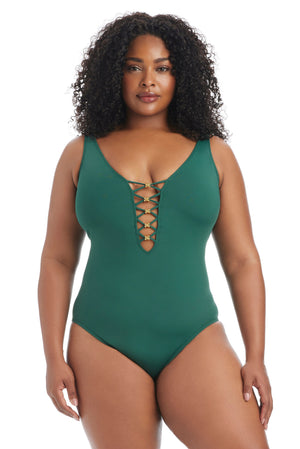 Plus size Bleu Rod Plus Kore Collection Mio One-Piece Swimsuit in vibrant palm print, featuring a flattering fit and sleek design.
